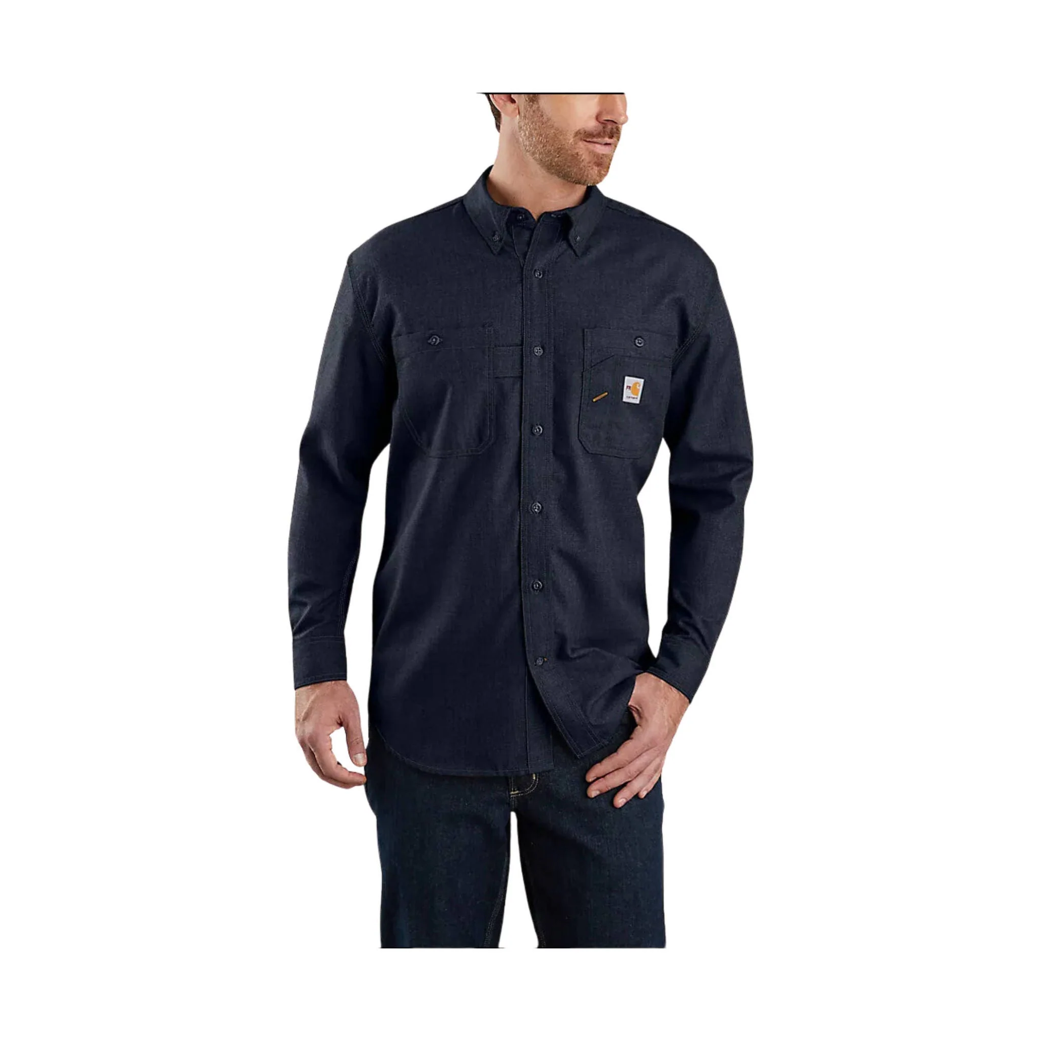 Carhartt Men's Flame Resistant Force Loose Fit Lightweight Long Sleeve Button Front Shirt - Navy