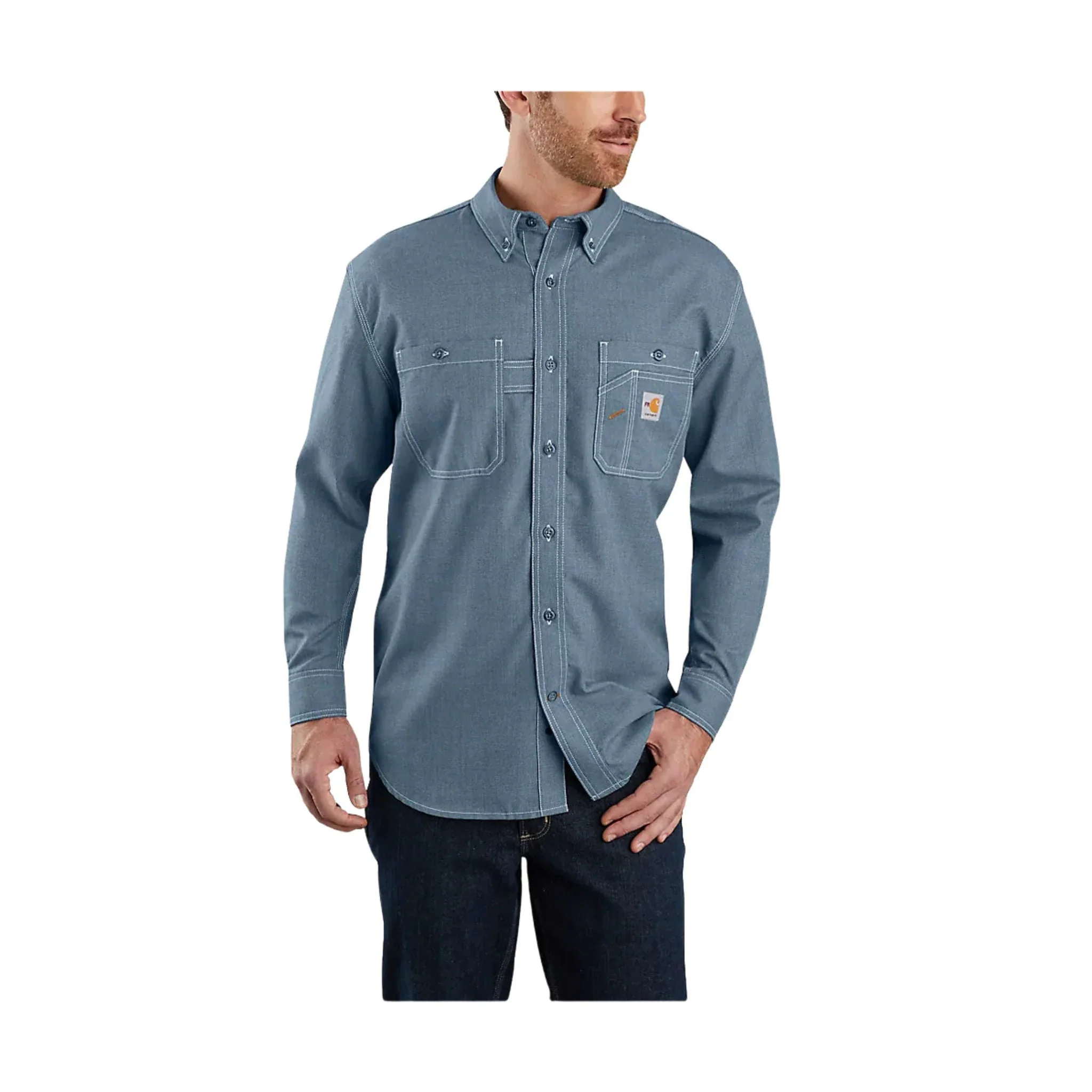 Carhartt Men's Flame Resistant Force Loose Fit Lightweight Long Sleeve Button Front Shirt - Steel Blue