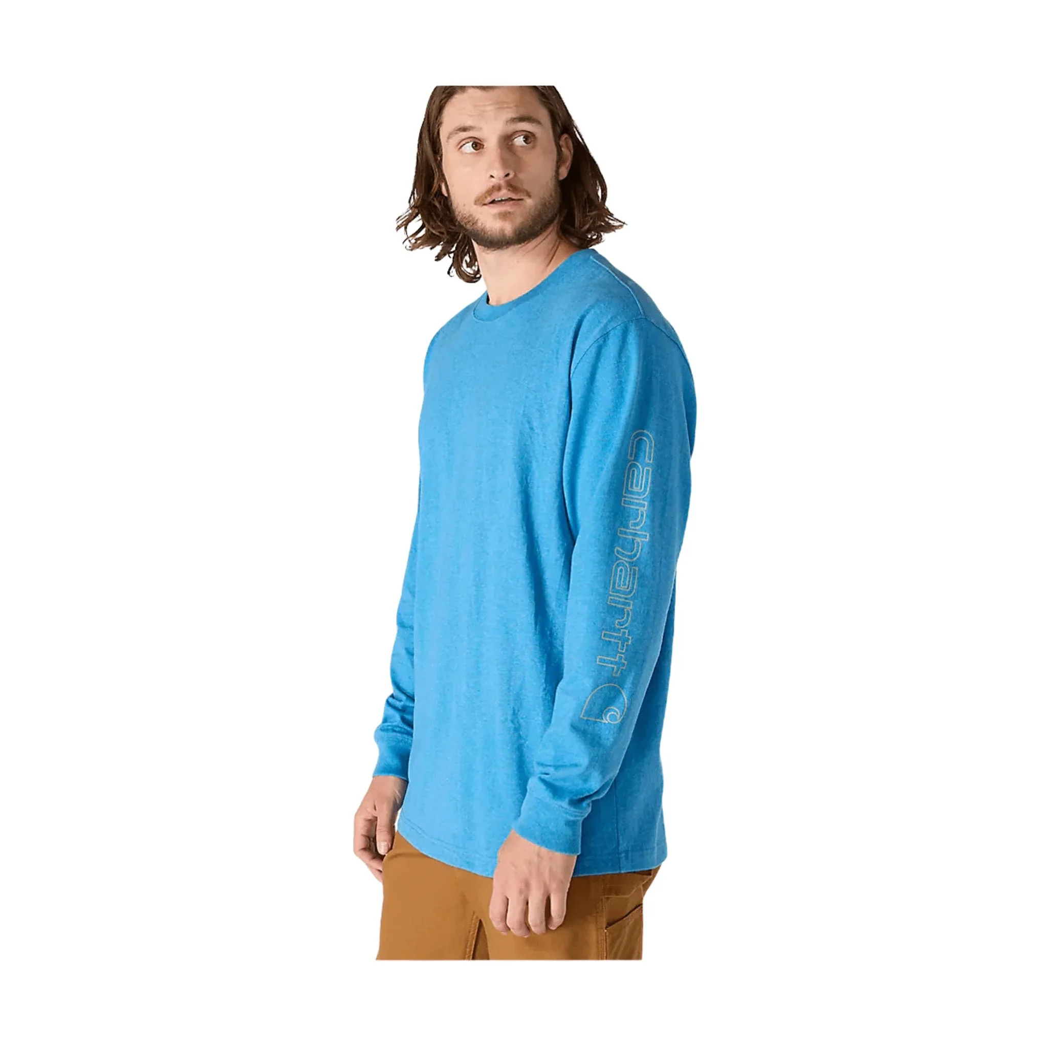 Carhartt Men's Loose Fit Heavyweight Long Sleeve Logo Sleeve Graphic T Shirt - Horizon Blue Heather - Image 2