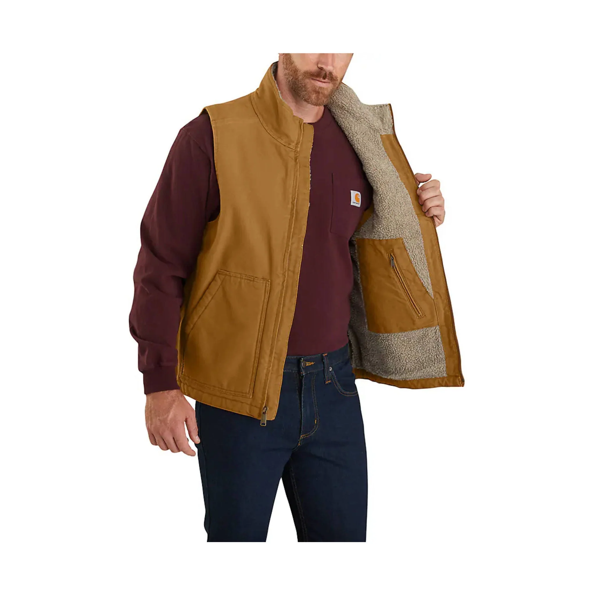 Carhartt Men's Mock Neck Sherpa Lined Loose Fit Washed Duck Vest - Carhartt Brown - Image 3