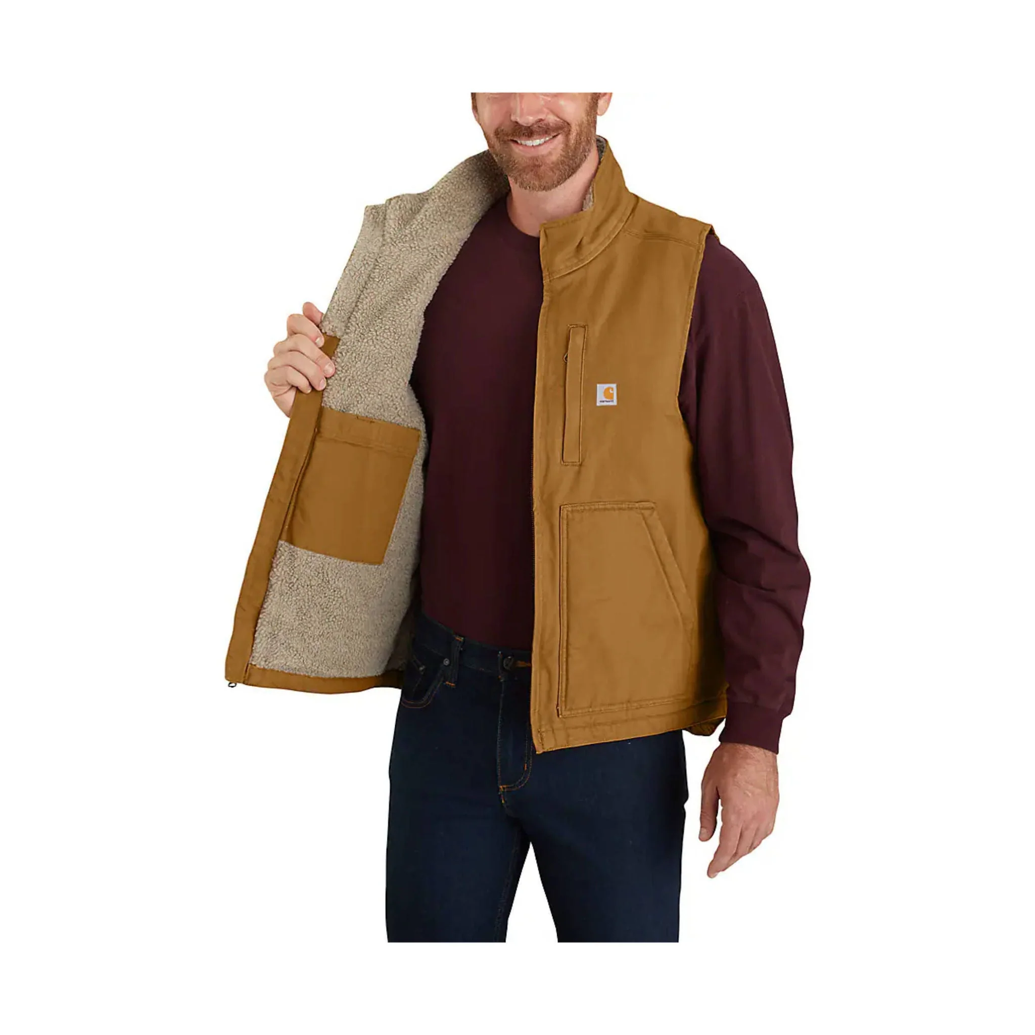 Carhartt Men's Mock Neck Sherpa Lined Loose Fit Washed Duck Vest - Carhartt Brown - Image 4