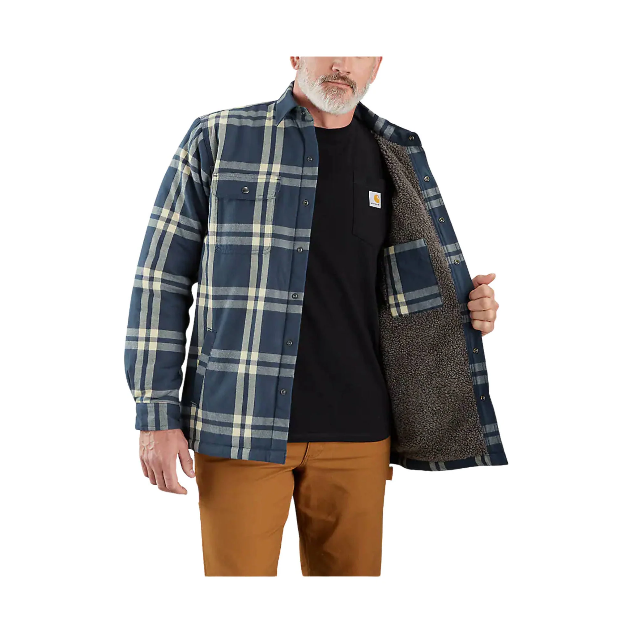 Carhartt Men's Relaxed Fit Flannel Sherpa-Lined Shirt Jac - Blue - Image 3