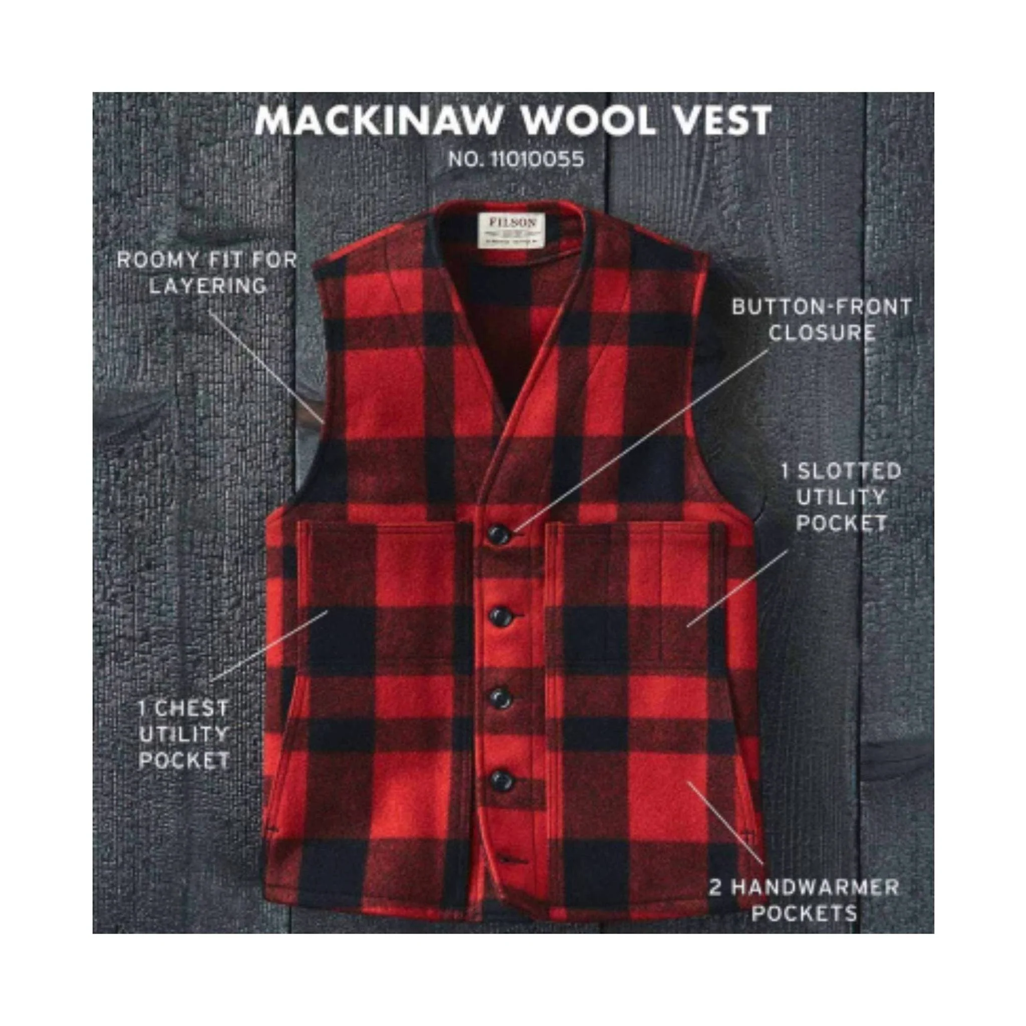 Filson Men's Mackinaw Wool Vest - Red/Black - Image 4