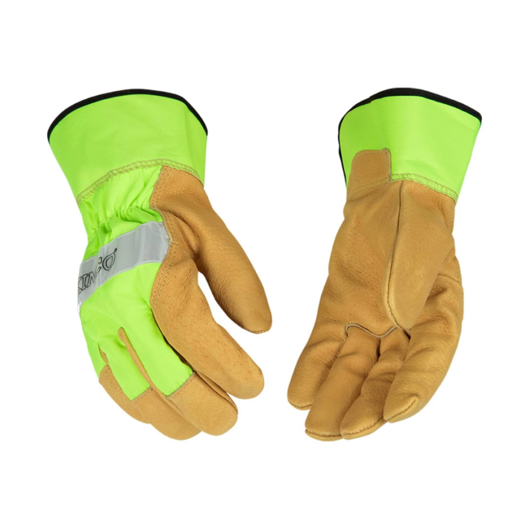 Kinco Men's Hi-Vis Green and Grain Pigskin Palm Work Gloves - Beige/Green - Image 3