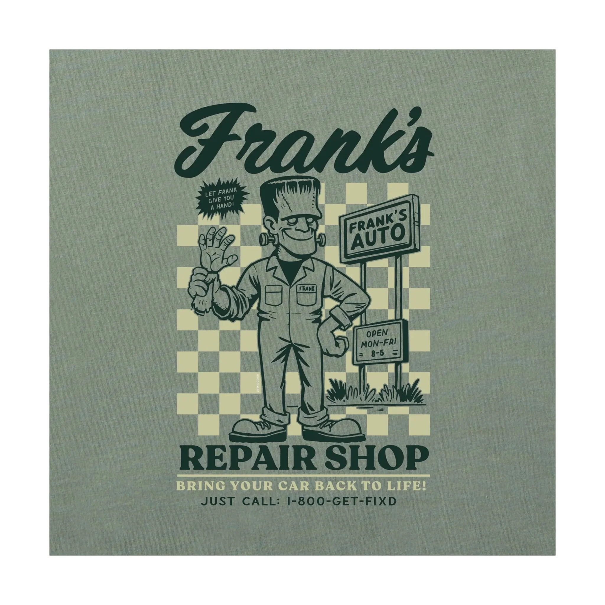 Life Is Good Men's Frank's Repair Shop Long Sleeve Crusher Tee - Moss Green - Image 2