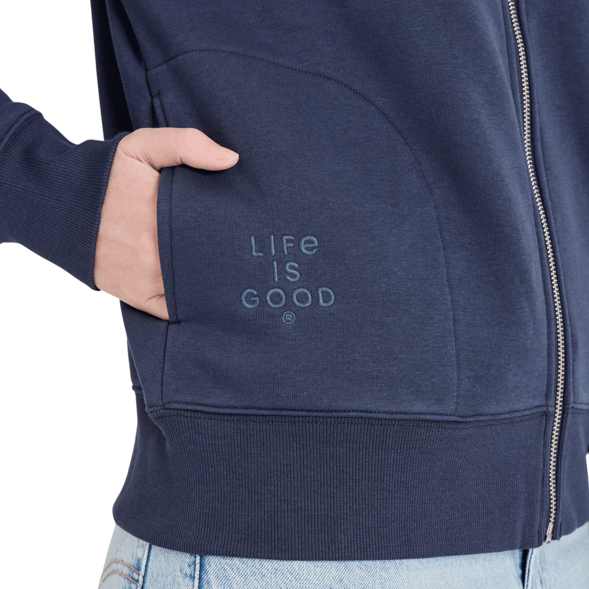 Life Is Good Women's Crafty LIG Stacked Good Vibes Fleece Zip Hoodie - Inkwell Blue - Image 2