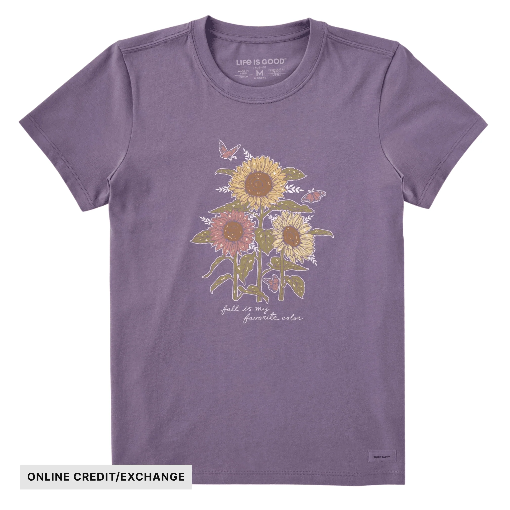 Life Is Good Women's Fall Is My Favorite Sunflowers Short Sleeve Crusher Tee - Dusk Purple