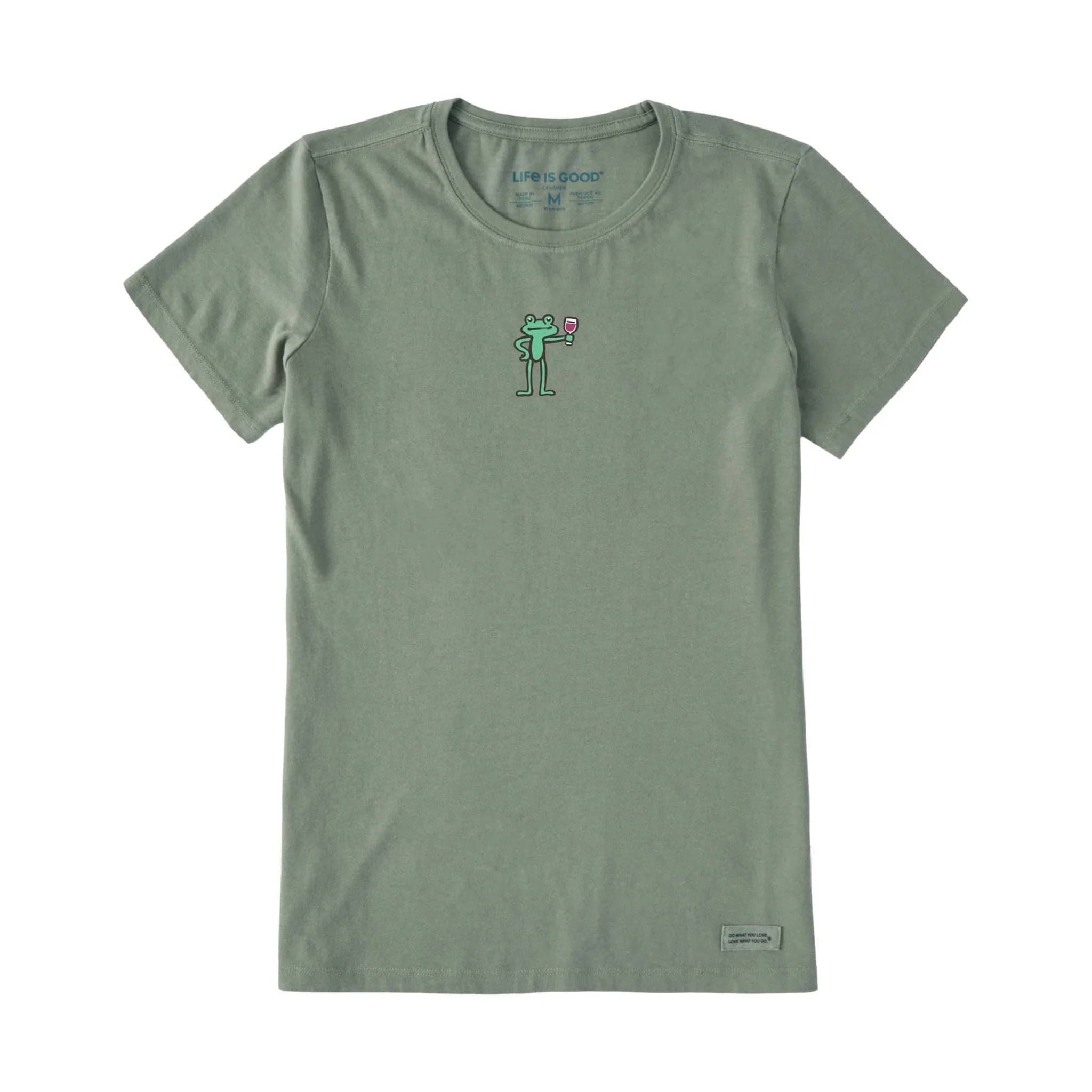 Life Is Good Women's Frog With Wine Short Sleeve Crusher Tee - Moss Green