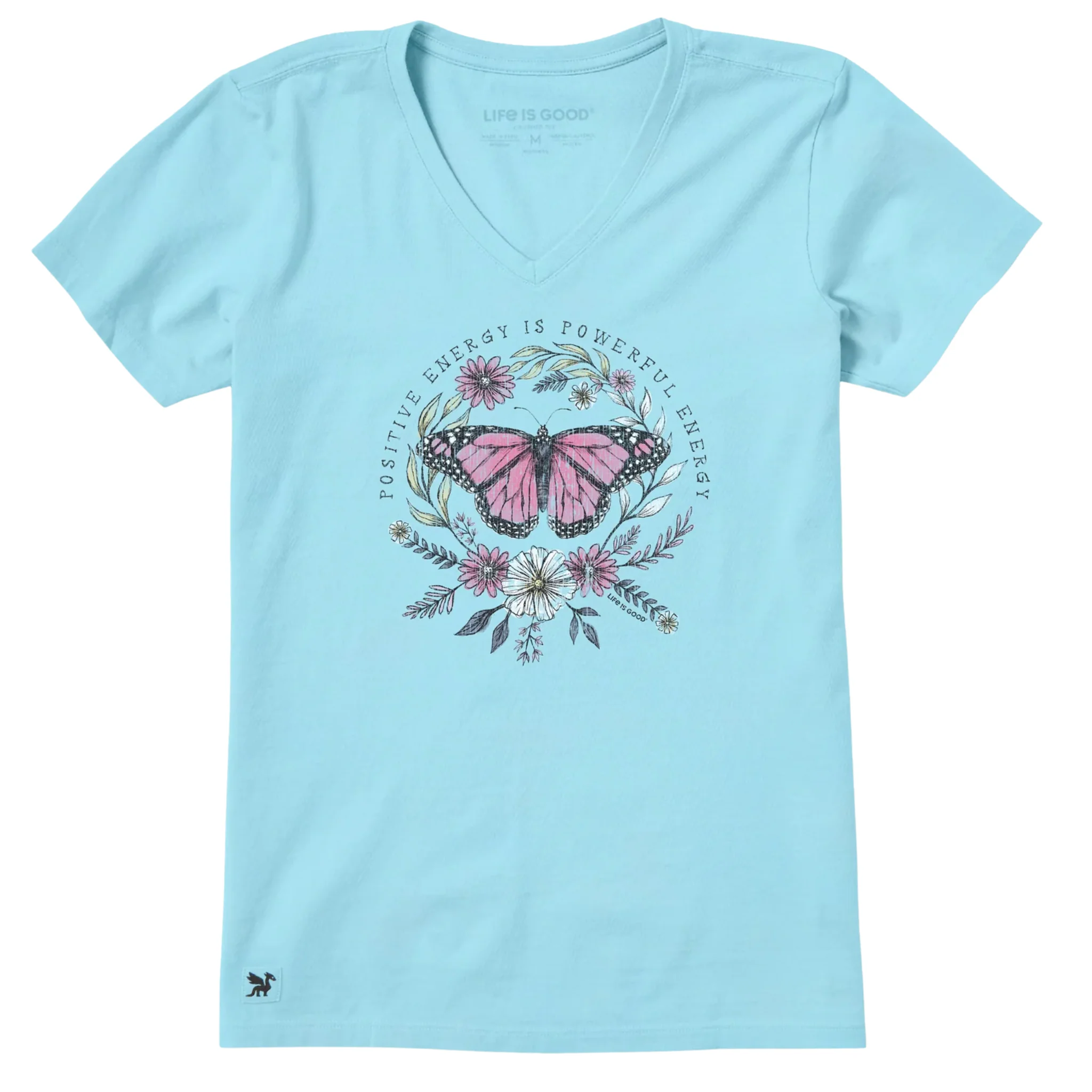 Life Is Good Women's Positive Powerful Energy Butterfly Short Sleeve Crusher Vee - Aqua Blue