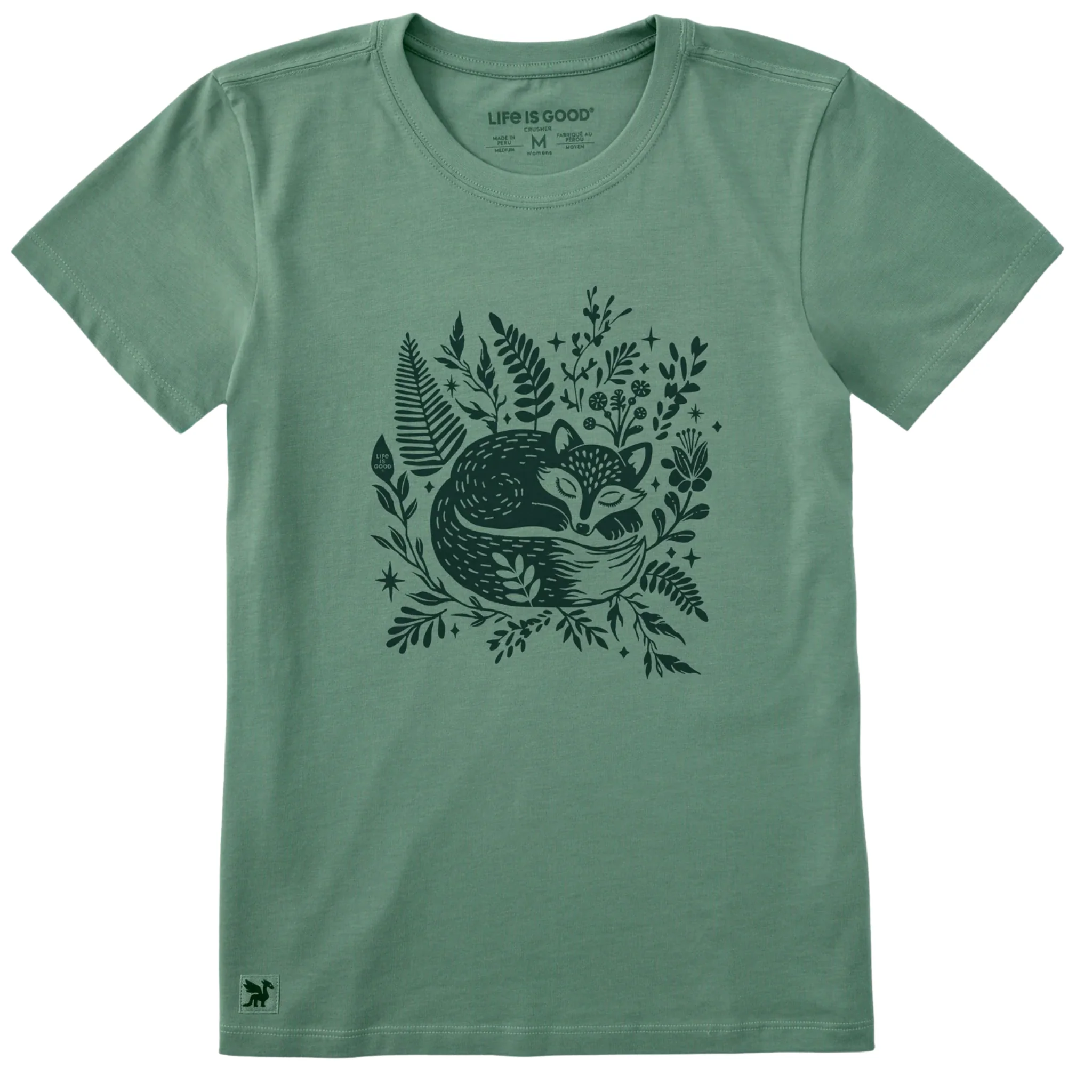 Life Is Good Women's Sleeping Fox On Ferns Short Sleeve Crusher Tee - Granite Green
