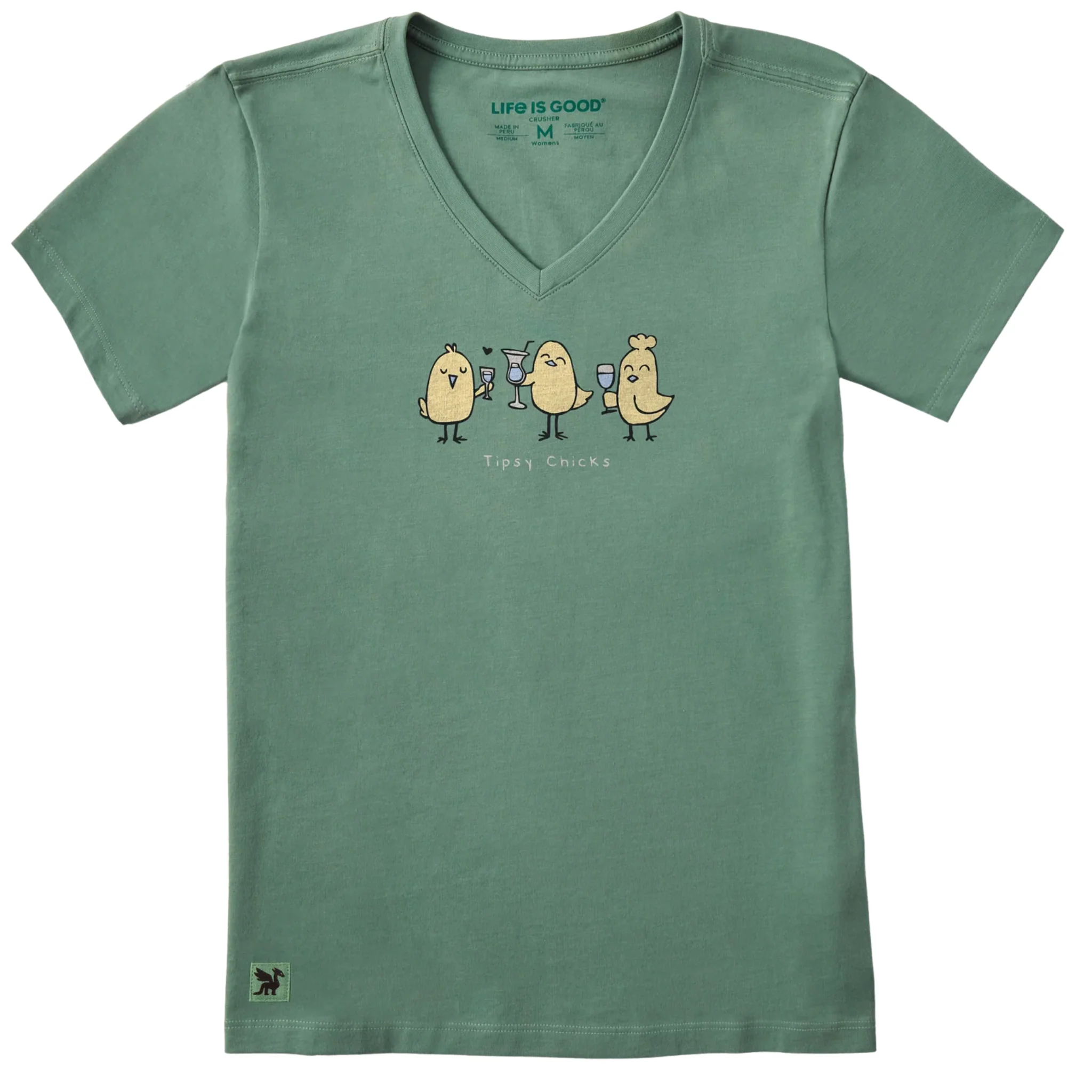 Life Is Good Women's Three Tipsy Chicks Short Sleeve Crusher Lite Vee - Granite Green