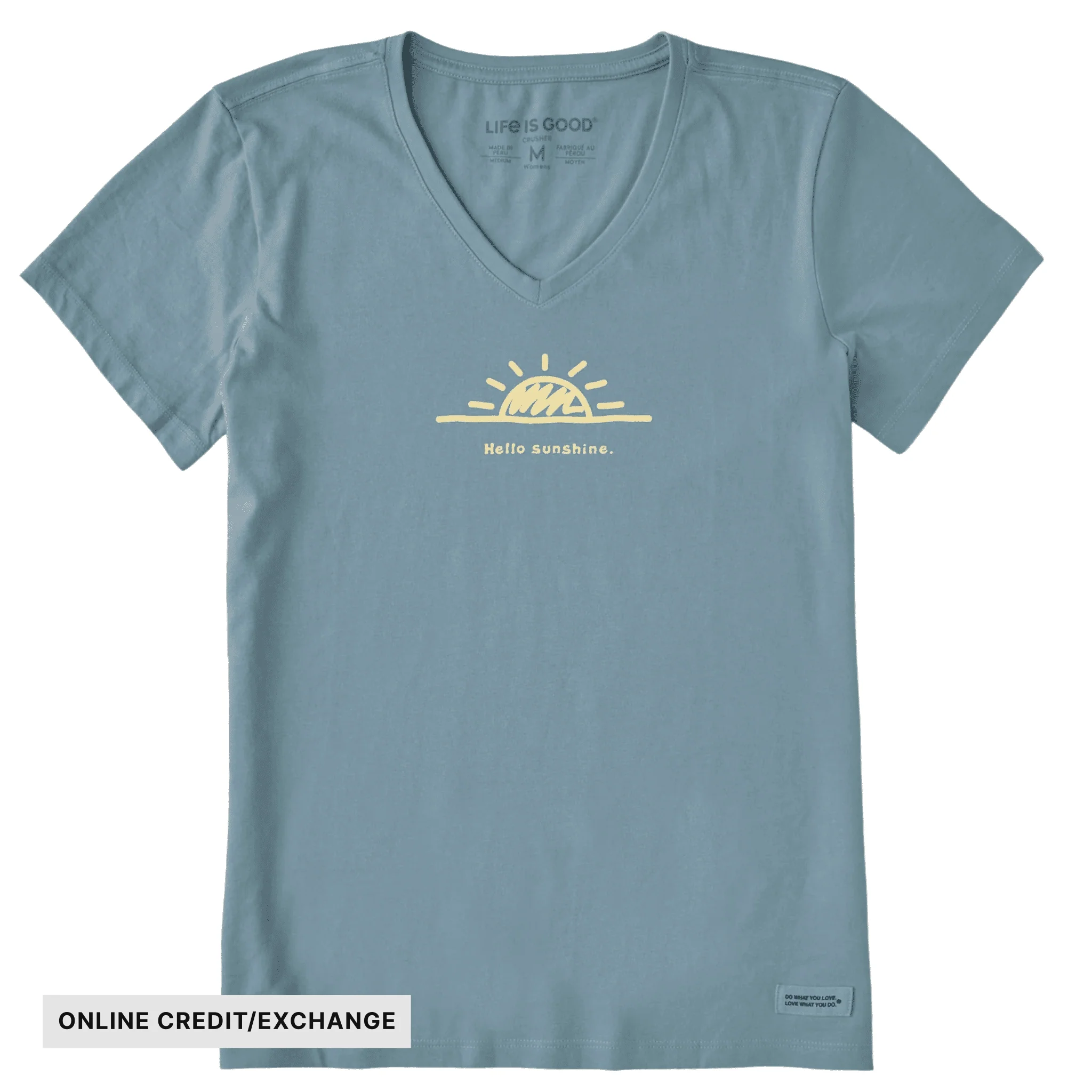 Life Is Good Women's Vintage Hello Sunshine Short Sleeve Crusher Vee - Smokey Blue