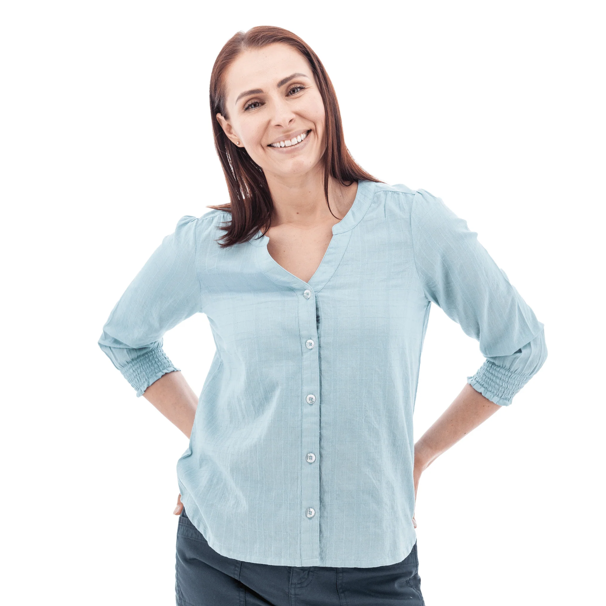 Old Ranch Women's Anna Smocked Sleeve Blouse Shirt - Lt Blue - Image 2