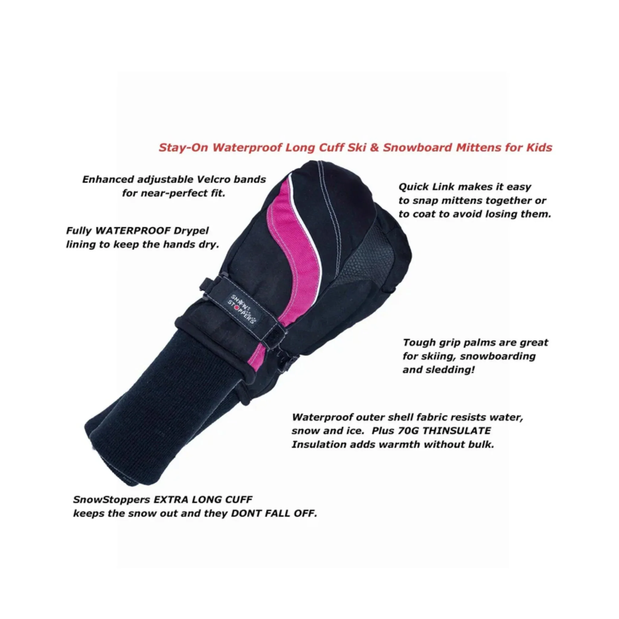 SnowStoppers Kids' Ski and Snowboard Mittens - Fuchsia - Image 2