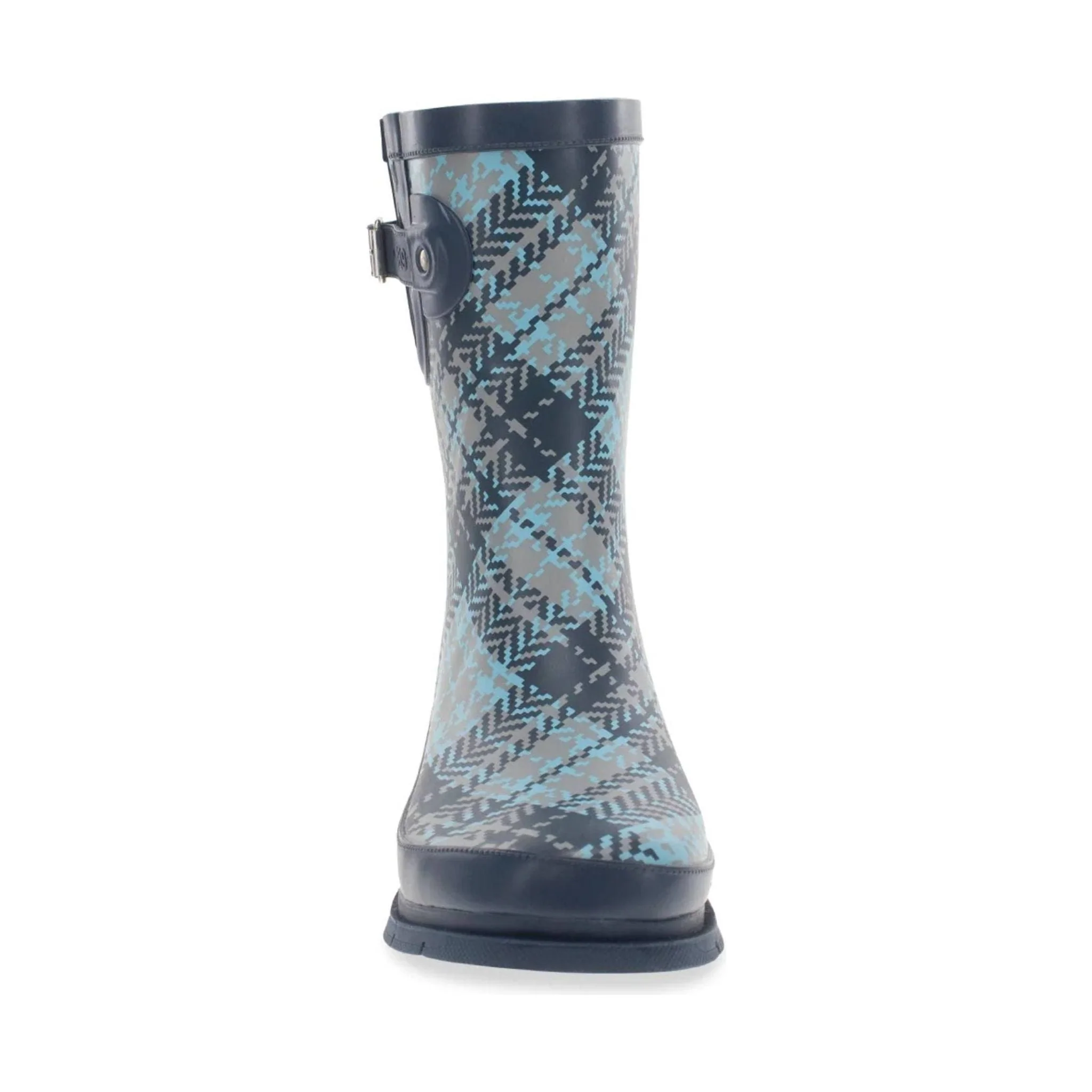Western Tweed Plaid Faux Fur Mid Rain Boot - Blue Plaid - Image 3